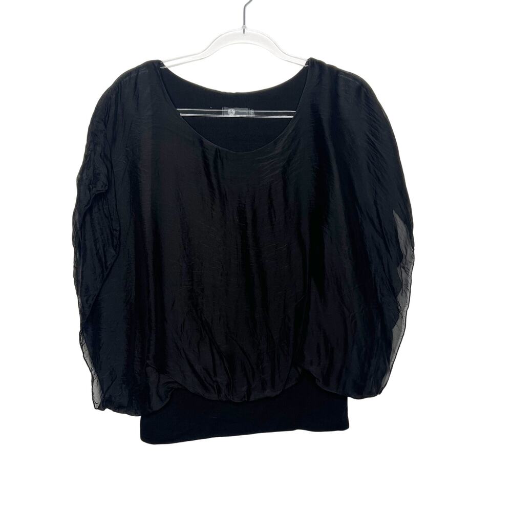 M Made in Italy Ruffle Sleeve Scoop Neckline Blouse Silk Blend Black Size Small - Picture 4 of 13